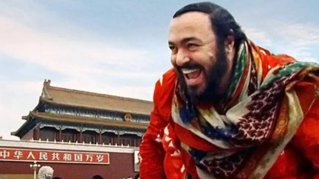 Distant Harmony: Pavarotti in China backdrop