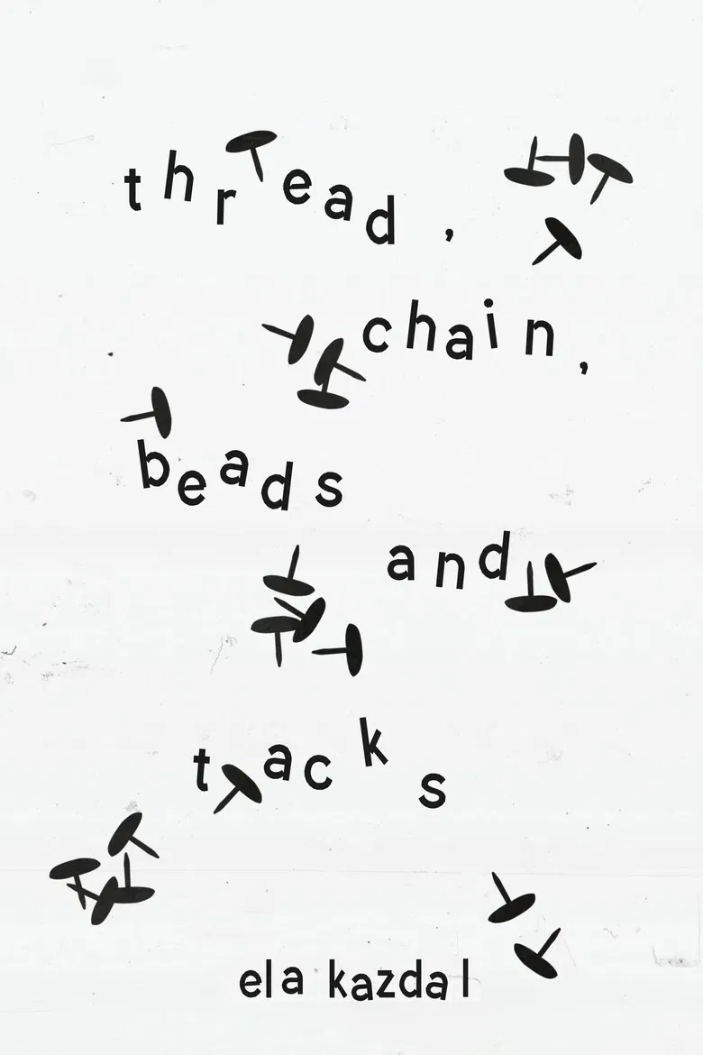 thread, chain, beads, and tacks poster background