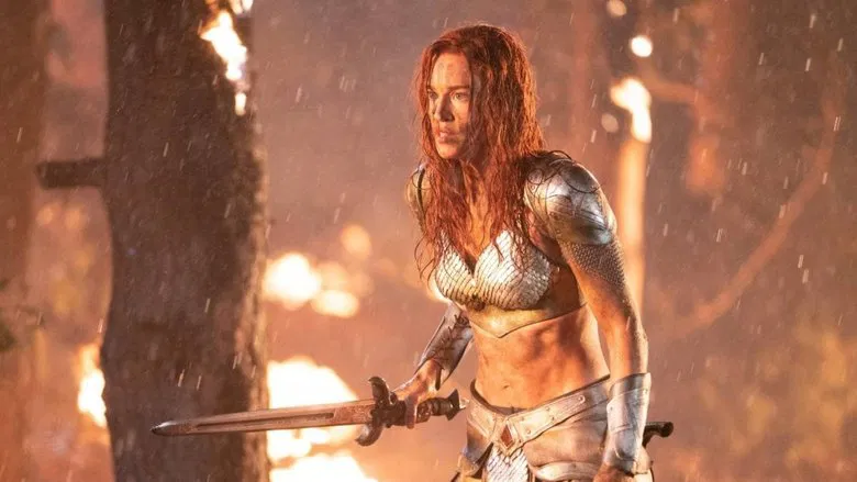 Red Sonja (Matilda Lutz) looking fierce with a sword