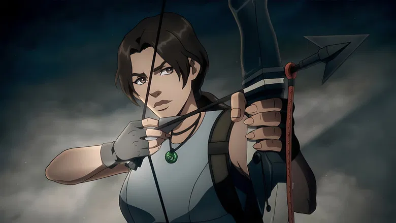 Lara Croft exploring a dark cave with a torch